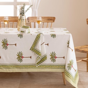 Palm Tree Design Green Rectangular Tablecloth, Handmade Blockprint Table Linen, Luxury Table Cover, Exclusive Garden Theme Table Cover