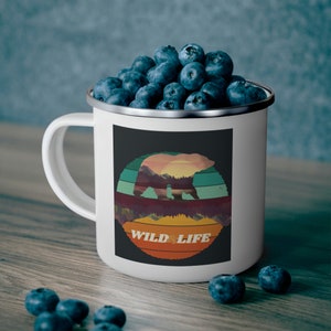Enamel Camping Mug with Bear &quot;Wild and Life&quot;