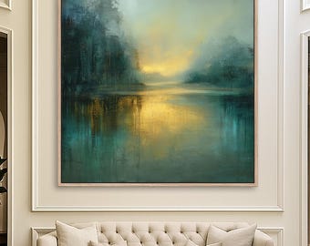 Sunrise Lake Scene Canvas Wall Art | Abstract Blue Green Water landscape