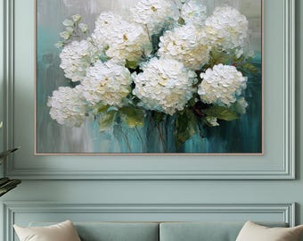 White Hydrangea Floral Canvas Art | Botanical Wall Decor