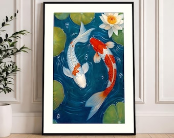 Koi Fish Wall Art Print: Serene Lotus Pond Scene, Zen Wall Decor