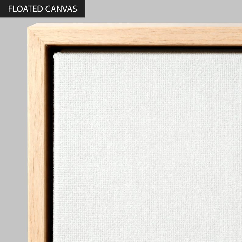 May include: A close-up of a white canvas stretched over a wooden frame. The frame is light brown and the canvas is a textured white. The words "FLOATED CANVAS" are in black text in the upper left corner.