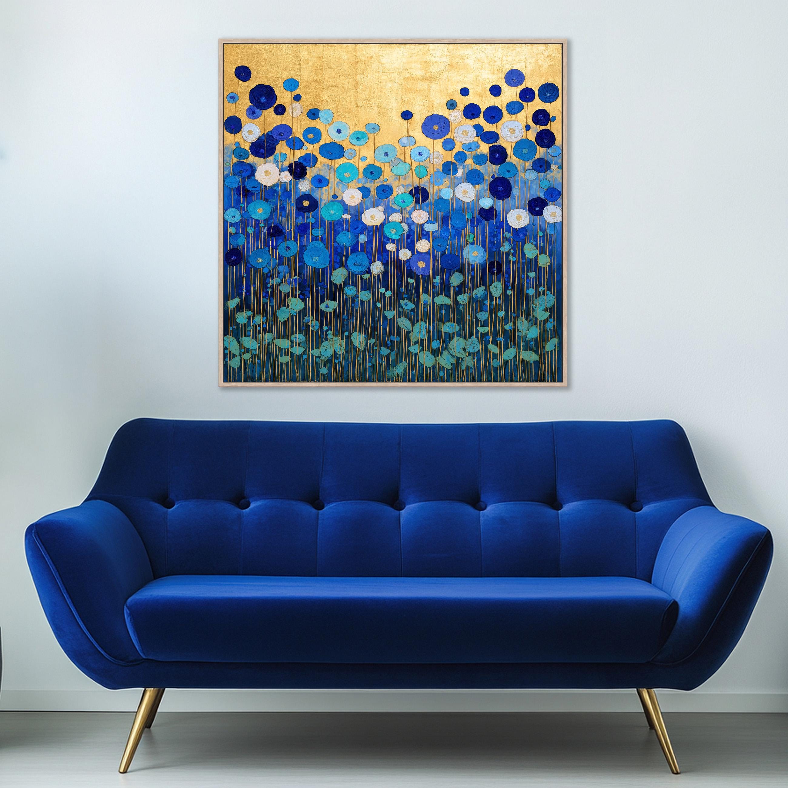 Blue Floral Canvas Print: Gold Background Modern Botanical Wall Art - Etsy
