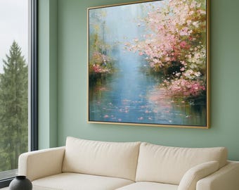 Floral River Scene Canvas Wall Art | Spring Cherry Blossom Wall Decor