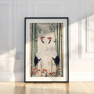 Red Crowned Crane Pair in Bamboo Grove | Japanese Wall Art Print | Rinpa Style Bird Art