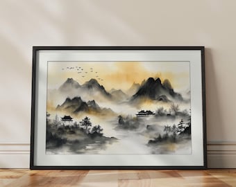 Mountain Landscape | Japanese Inspired Sumi-e Wall Art | Ink Wash Art Print