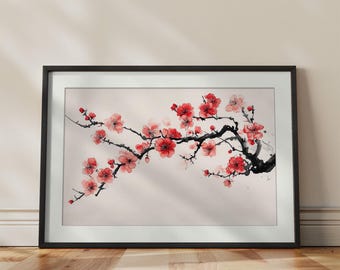 Impressão artística de parede em estilo Sumi-e com flores de cerejeira: Ramo floral vermelho, estilo de tinta japonesa.