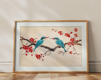 Japanischer Vogel Kirschblüte Kunstdruck | Elegante florale Wanddekoration