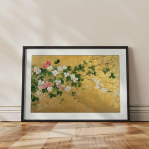 Rinpa Floral Wall Art | Japanese Gold Leaf Print with White & Pink Blossoms | Traditional Floral Wall Print