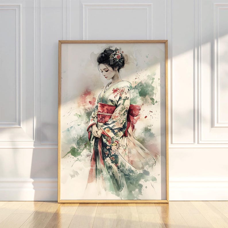 Japanese Geisha Wall Art Print in Elegant Watercolour Style - Etsy