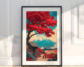 Japanese Autumn Landscape Print | Mount Fuji Wall Art | Red Foliage Japan Print
