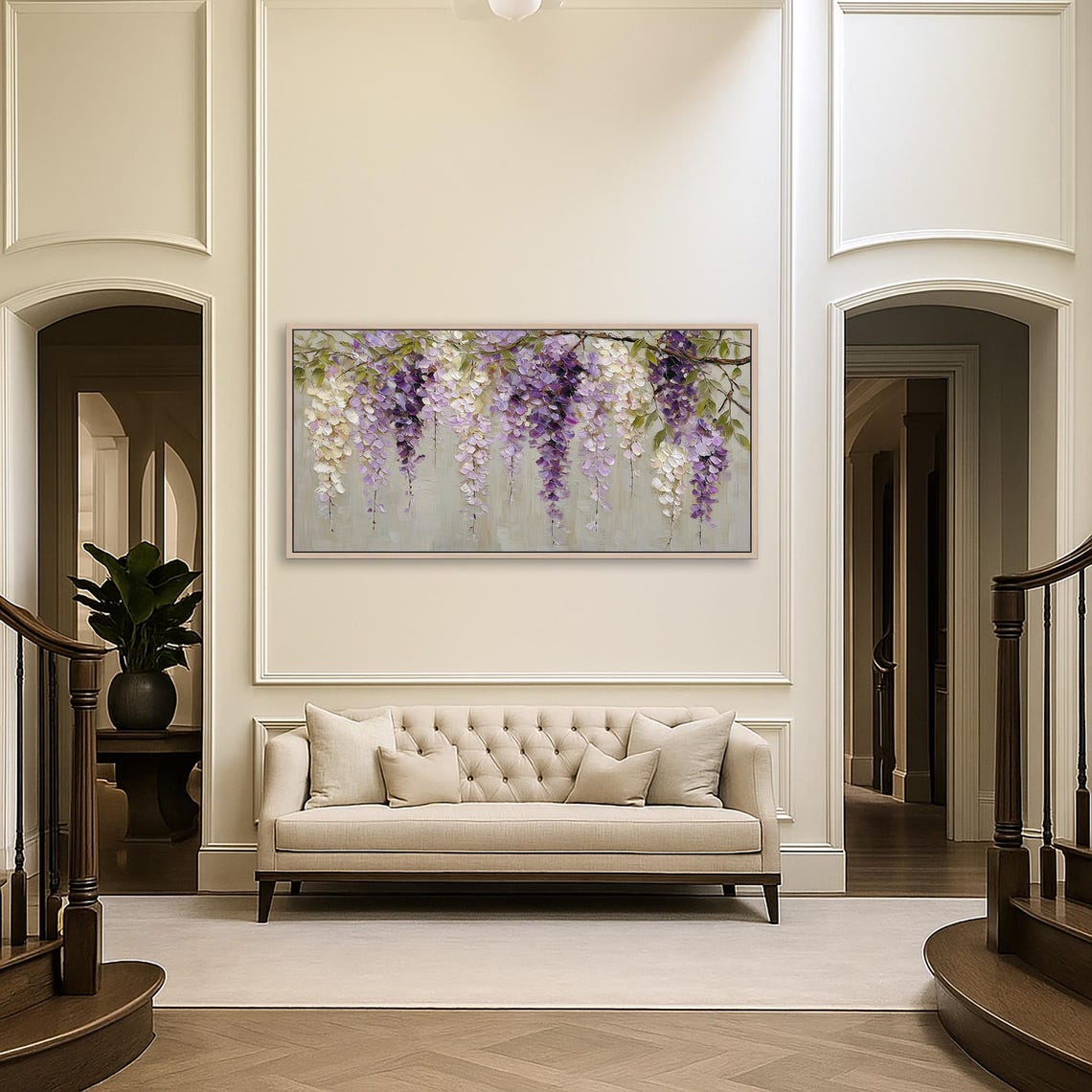 Cascading Wisteria Flowers Canvas Wall Art | Purple Floral Wall Decor
