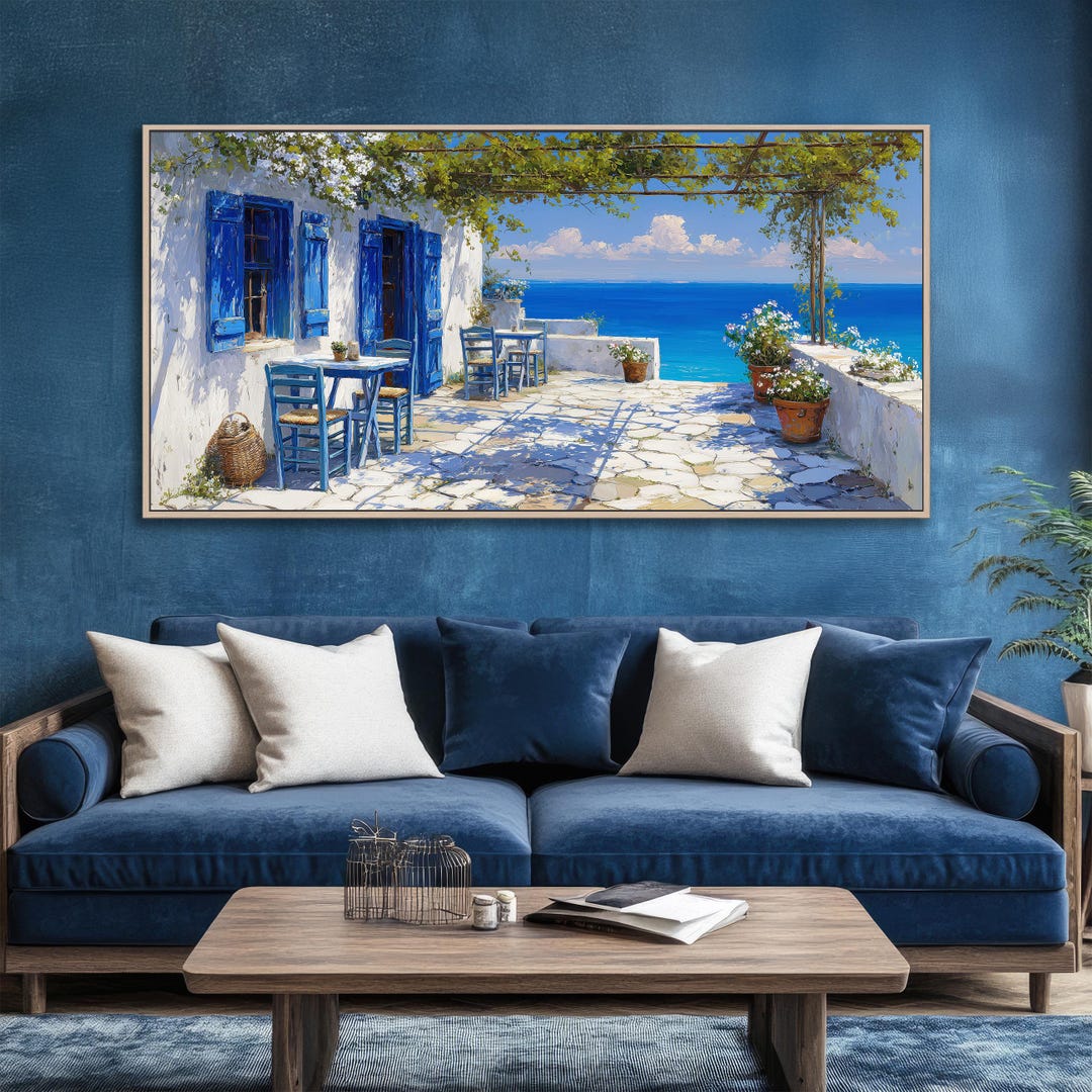 Mediterranean Sea View Canvas Print: Greek Coastal Terrace Wall Art - Etsy