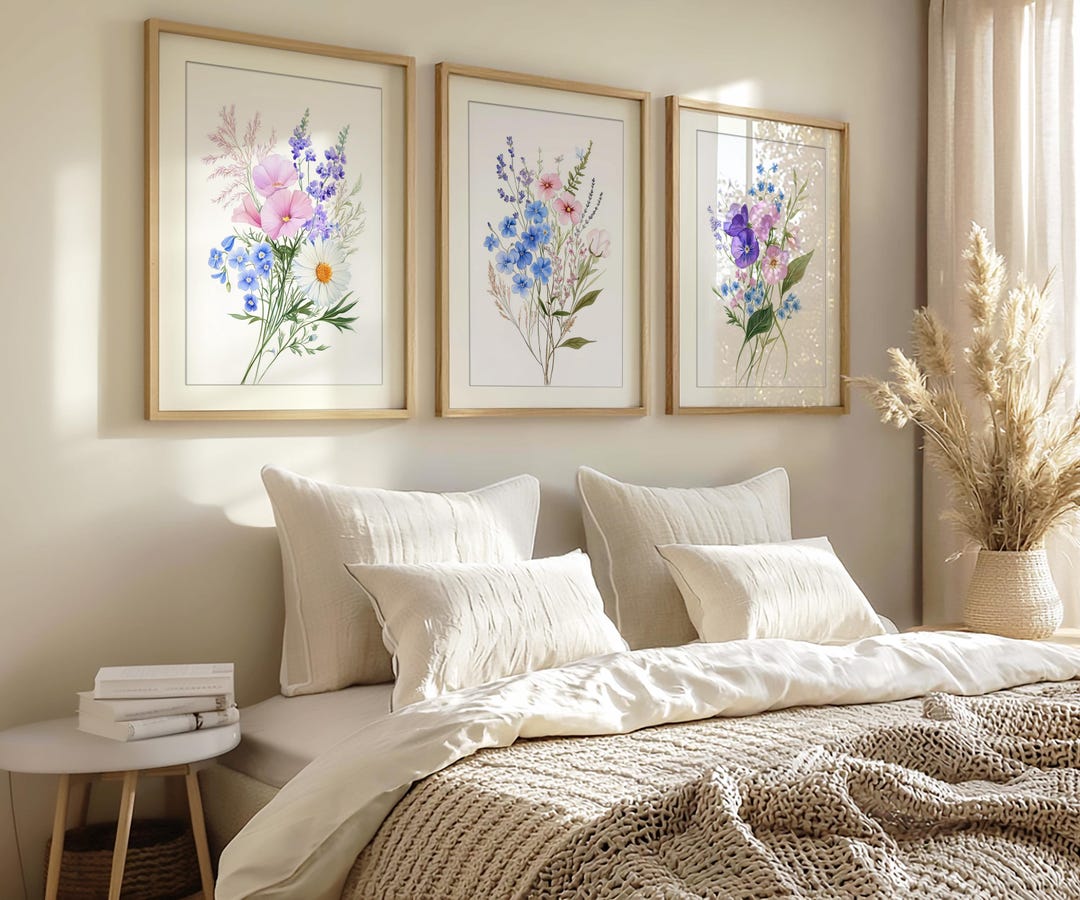 Wildflower Art Print Set: Botanical Blue & Pink Floral Wall Decor - Etsy