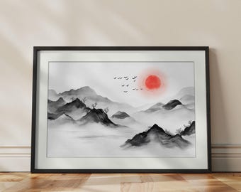 Sunrise Wall Art Print | Ink Wash Mountain Landscape | Sumi-e Zen Style Decor