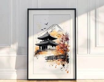 Mount Fuji Pagoda Art Print | Sumi e Style Japanese Wall Art