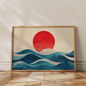 Red Sun Over Rolling Waves | Japanese Abstract Wall Art Print