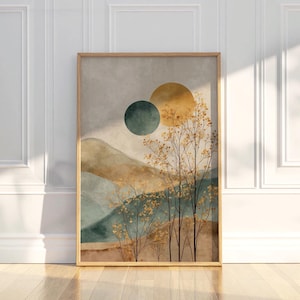 Earthy Hills & Golden Trees - Japandi Wall Art Print