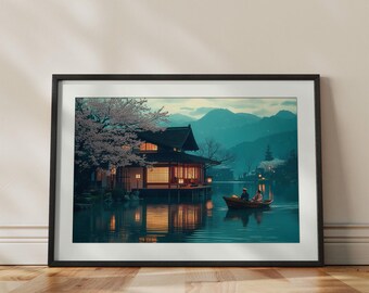 Japanese Lake House Ukiyo-e Print | Blossom Lake Wall Art
