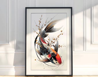 Koi Fish Art Print: Black, White, Red, and Orange Scales