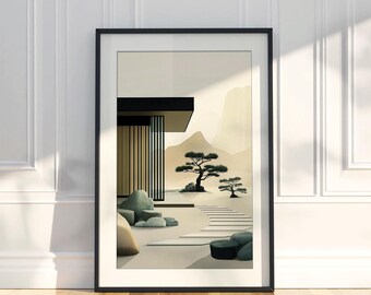 Japandi Zen-muurkunstdruk: minimaal Japans landschap, rustig neutraal decor