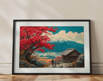 Stampa artistica del paesaggio autunnale del Monte Fuji / Paesaggio montano giapponese