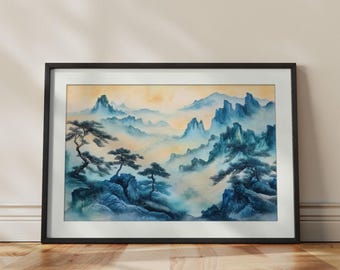 Sumi-e Mountain Landscape Art Print | Japanese Ink Wash Style