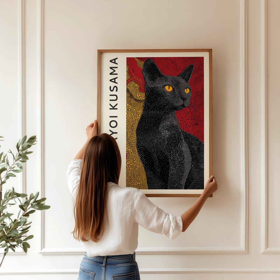 Black Cat Wall Art Print: Japanese Style Cat Illustration, Bold Red ...