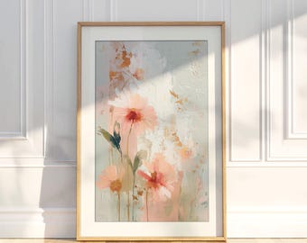 May include: A framed vertical wall art print featuring an abstract floral painting with soft peach, pink, and white petals against a muted sage green background. The artwork displays visible brushstrokes and textured layers of paint.