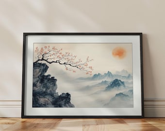 Japanse Sumi-e-berglandschapsprint: minimalistische inktwaskunst, rustig Aziatisch decor