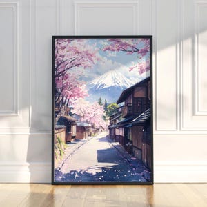 Mount Fuji cherry blossom wall art | Japanese landscape print | Japan street scene