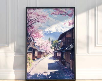 Op de afbeelding: Ingelijste kunstdruk met een Japanse straatscène met bloeiende kersenbomen. Op de achtergrond is een besneeuwde berg te zien. Het kunstwerk toont traditionele houten gebouwen en een geplaveide weg.