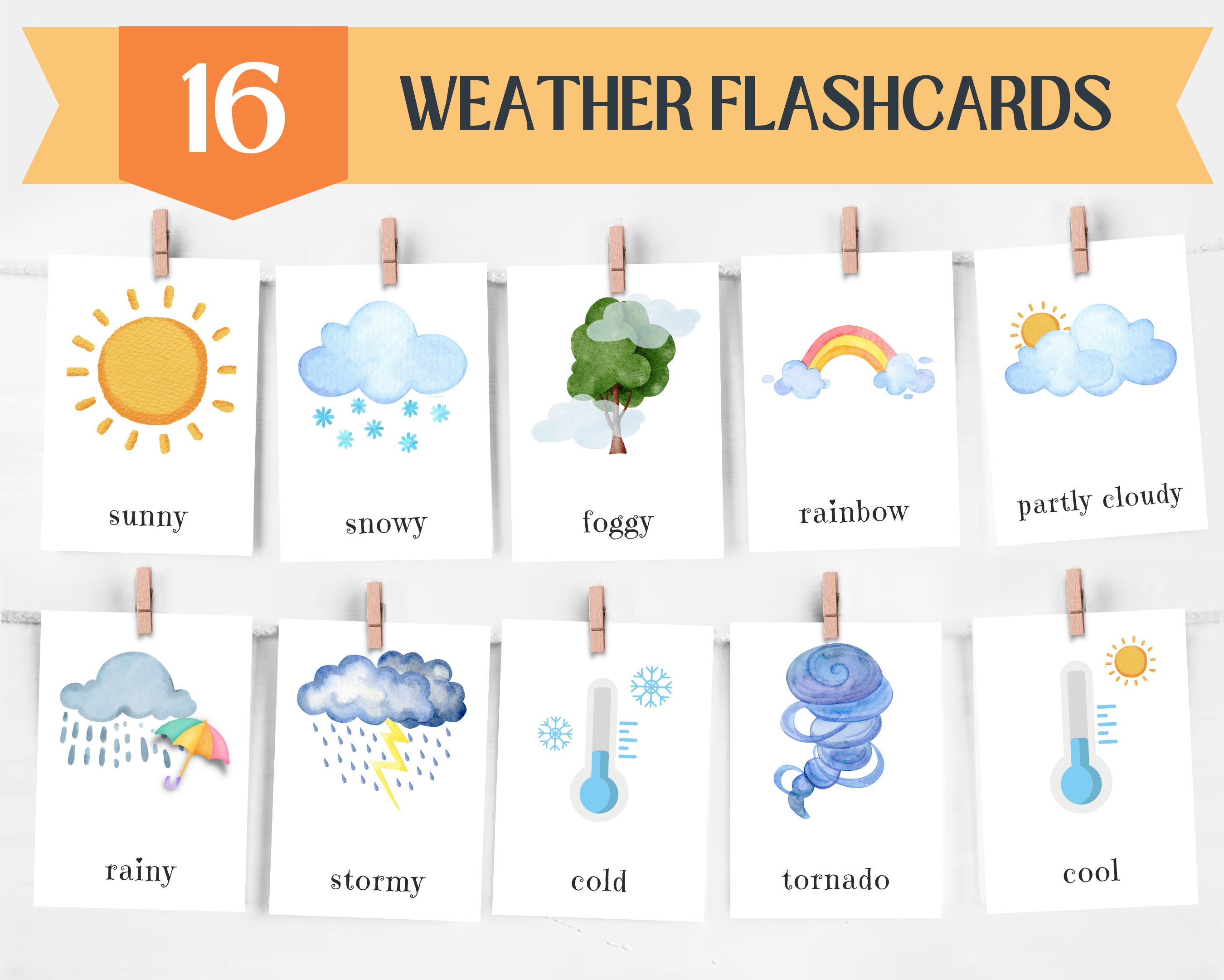 16 Weather Cards Montessori Flashcards Pre-school Cards Educational  Printable Cards Instant Download 