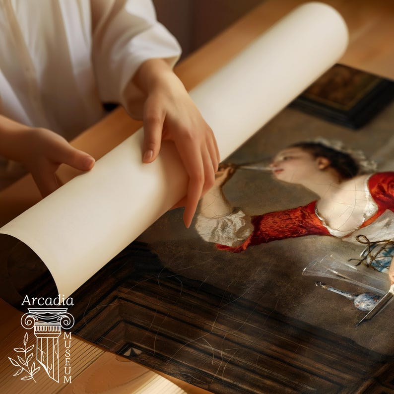 Puede incluir: Una impresi&oacute;n de papel blanco grande y enrollada que presenta una pintura cl&aacute;sica de una persona con una prenda roja, con el texto Arcadia Museum y un icono de columna impresos en la esquina inferior izquierda, sostenida por manos con camisa blanca.