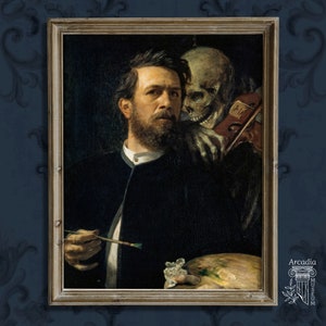 Self-Portrait with Death Playing the Fiddle by Arnold Böcklin, Memento Mori Art, Dark Academia Painting, Moody Poster, Dark Classical Print image 1