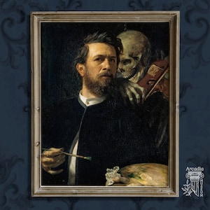 Self-Portrait with Death Playing the Fiddle by Arnold Böcklin, Memento Mori Art, Dark Academia Painting, Moody Poster, Dark Classical Print image 1