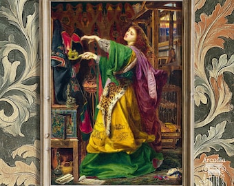 May include: A framed art print depicting a person with long red hair wearing a green, yellow, and purple robe with a leopard print accent. The person stands in a room with a loom, reaching toward a dark garment. The scene includes books and a lamp.