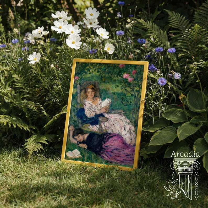 May include: A rectangular framed print featuring an impressionist painting of two figures in a garden setting. One figure sits in a chair reading a book, while the other lies on the grass reading. The frame is a solid, bright yellow colour.