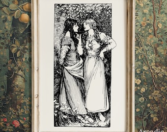 Lesbian Vintage Illustration, Fairy Tales Sapphic Art, Two Women Lovers in the Forest