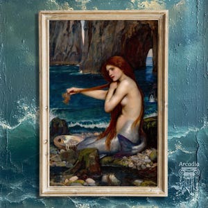 Stampa di una sirena, dipinto di John William Waterhouse, poster grande di una sirena, arte preraffaellita