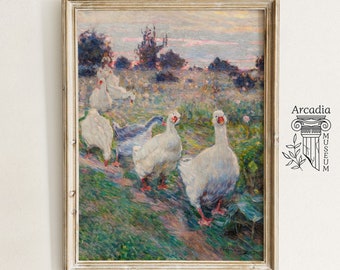 Geese Cottagecore Wall Art, Farmhouse Goose Art Print, Cottage Garden Animals, Goose Vintage Painting, Spring Landscape Impressionist Art