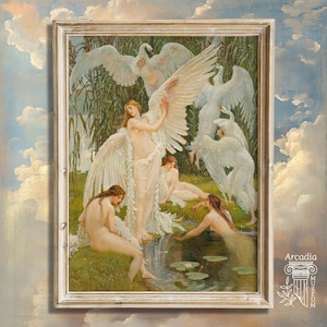 The Swan Maidens, Walter Crane Print, Pre-Raphaelite Art, Water Nymphs Vintage Painting Poster