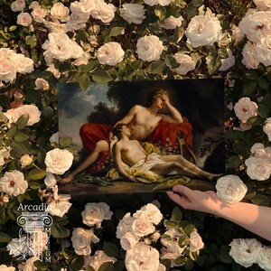 May include: A rectangular art print featuring a classical oil painting of two figures resting in a landscape, one draped in red fabric and the other in yellow, surrounded by a dense border of pale pink roses and the white text Arcadia Museum.