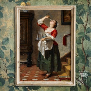 Puede incluir: Una pintura al &oacute;leo enmarcada que representa a una persona con corpi&ntilde;o rojo, delantal blanco y falda verde oscuro sosteniendo una bandeja de plata con cristaler&iacute;a. La persona inclina la cabeza hacia atr&aacute;s para beber de un vaso alto. Un armario de madera oscura se ve al fondo.
