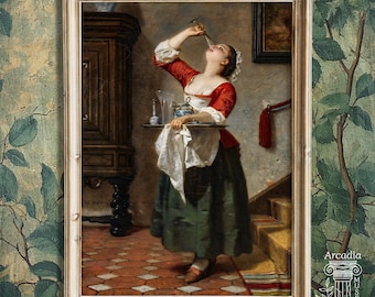 May include: A framed oil painting depicting a person in a red bodice, white apron, and dark green skirt holding a silver tray with glassware. The person tilts their head back to drink from a tall glass. A dark wooden cabinet stands in the background.