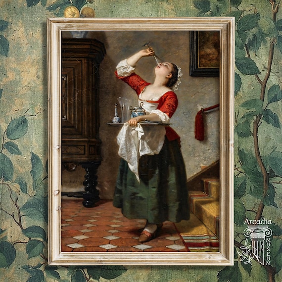 Woman Drinking Wine, Funny Victorian Woman Art, Vintage Painting Meme, Ironic Home Decor, The Property Of A Noble Lady, Wilhelm Amberg Print