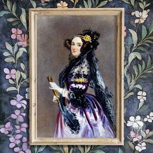 May include: A framed portrait painting of a person with dark hair styled in side buns, wearing a white dress with purple stripes, a black lace shawl, and white gloves, holding a thin gold-colored rod, set against a dark floral background.