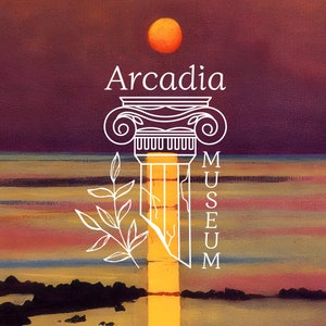 May include: A white outline of a column with a stylized capital and a sunset background. The text "Arcadia Museum" is written in white above the column.