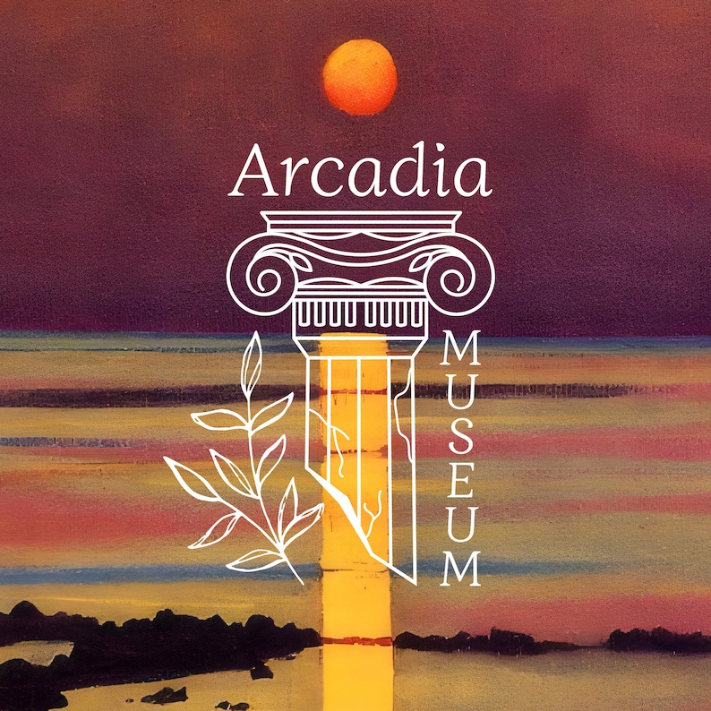 May include: A white outline of a column with a stylized capital and a sunset background. The text "Arcadia Museum" is written in white above the column.