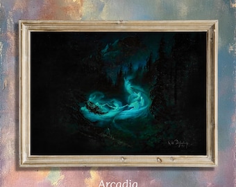 The Fairy Dance Print, Karl Wilhelm Diefenbach, poster noorderlicht, Aurora Borealis-kunst, vintage schilderij uit de Noorse mythologie
